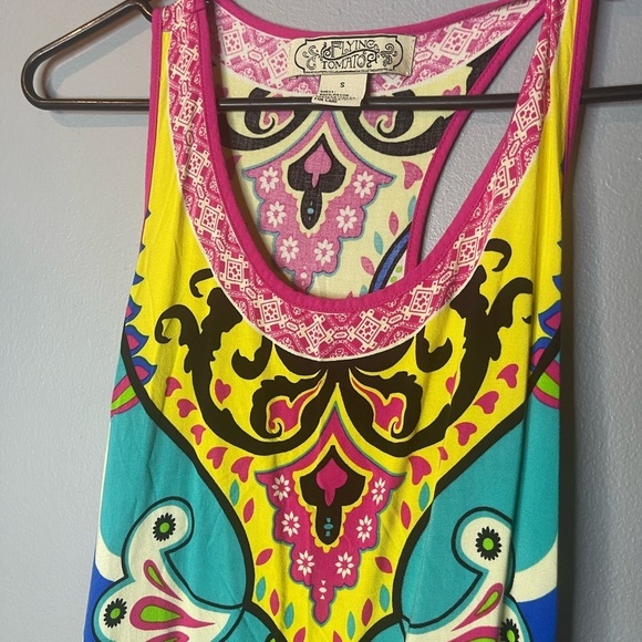 Flying Tomato Tank Top Size S Boho High Low Racerback Bright Festival Print - Picture 3 of 5